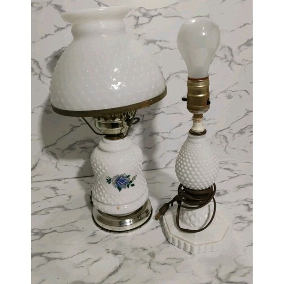 White Hobnail Milk Glass Blue Floral Hurricane Lamp Tall Works Hand painted